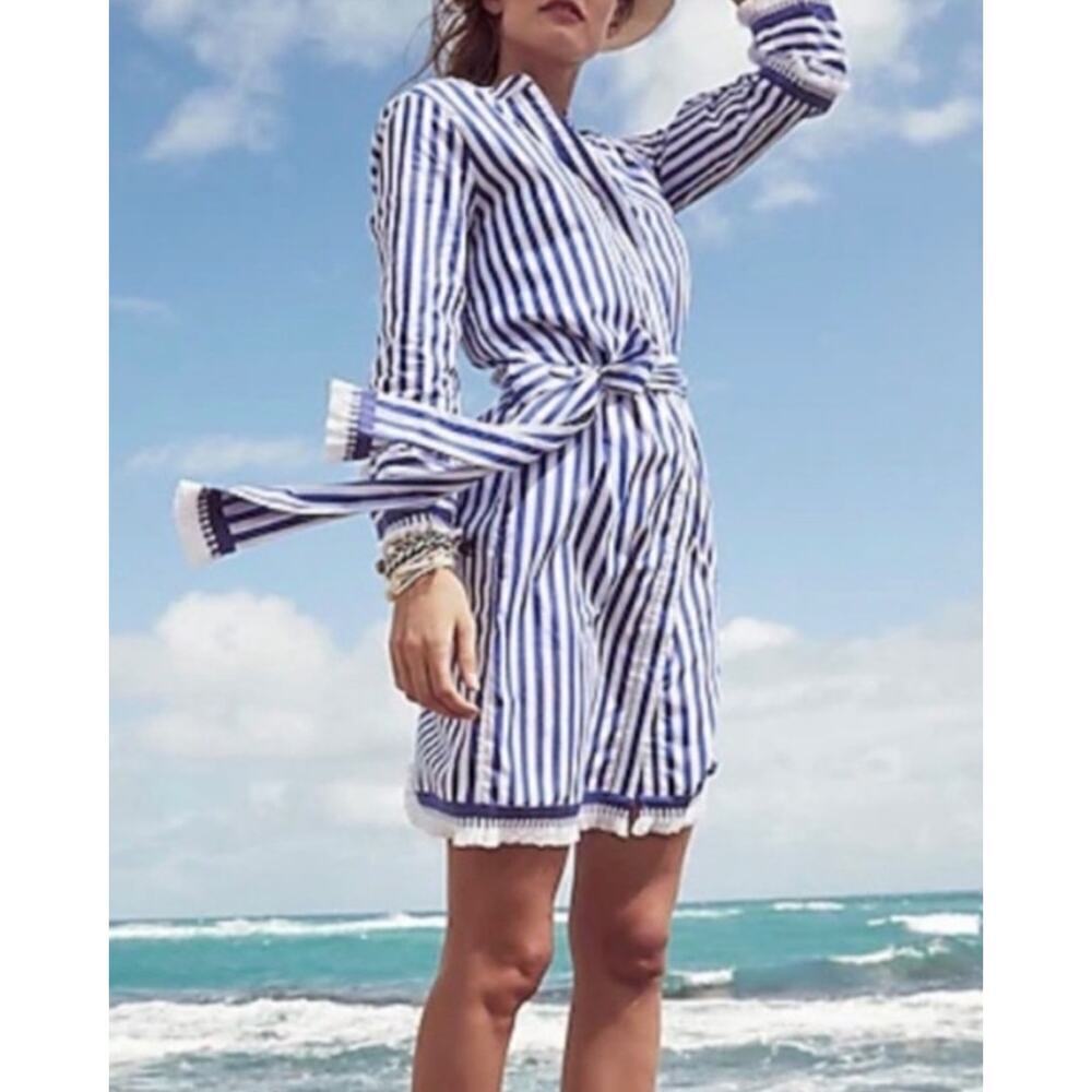 J. CREW Striped Tunic shirt Dress Belted blue white Cotton Poplin beach summer 0 - Picture 2 of 10